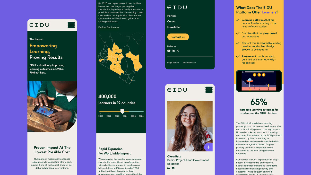 Mobile-Schnittstellen und Designelemente f&uuml;r EIDU, eine Bildungsplattform mit gelb-gr&uuml;ner Farbpalette. Screenshots zeigen Websiteseiten mit Statistiken, Landkarten und einem Portr&auml;t einer l&auml;chelnden Person.
