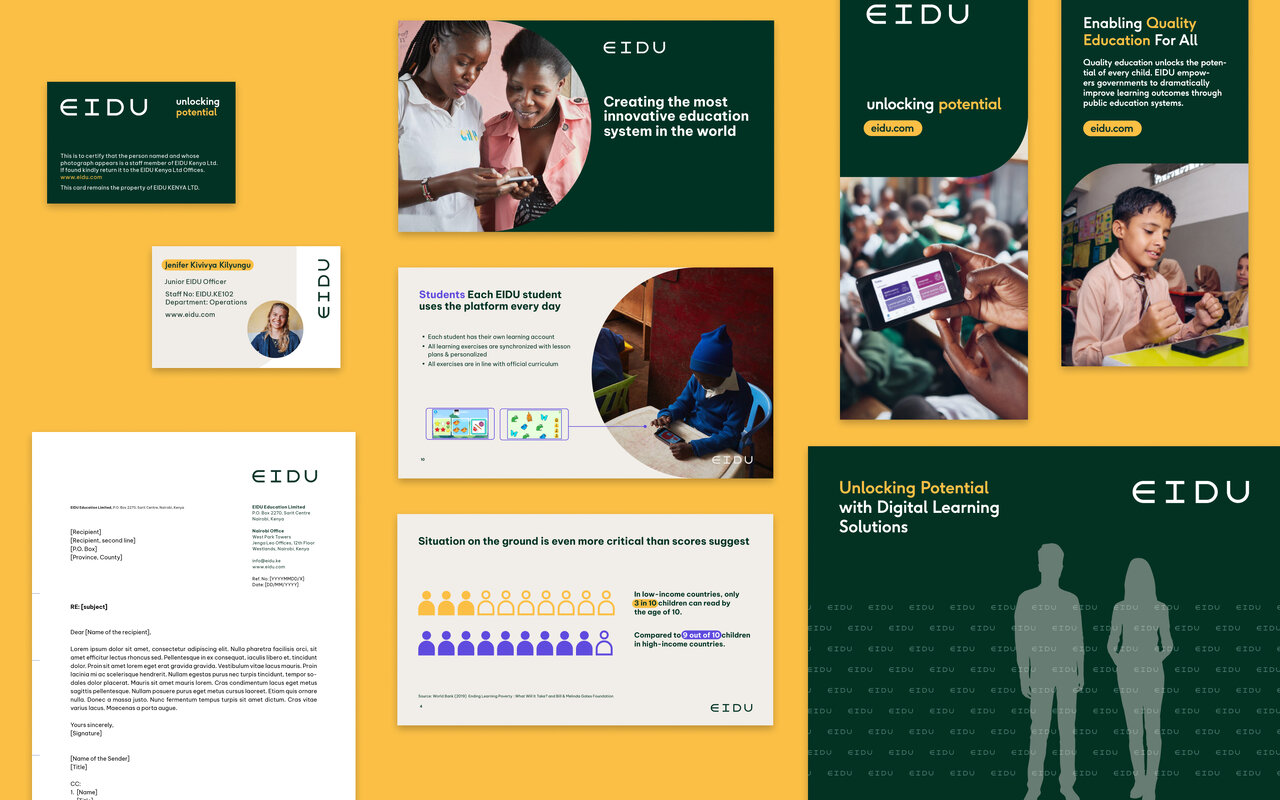 Mehrere Design-Layouts f&uuml;r EIDU, eine Bildungsplattform, in Gelb und Gr&uuml;n, zeigen Brosch&uuml;ren, Flyer, Briefpapier und Screenshots mit Diagrammen und Bildern von Lernenden und Ger&auml;ten.