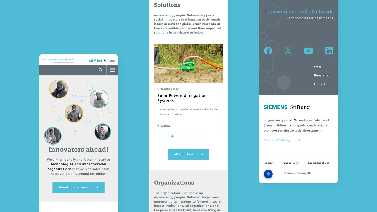 Website-Layout des empowering people Network mit Screenshots von Innovator-Profilbildern, einer L&ouml;sung f&uuml;r solargesteuerte Bew&auml;sserungssysteme und Website-Navigationsmen&uuml;s in blau-grau-wei&szlig;em Design der Siemens Stiftung.