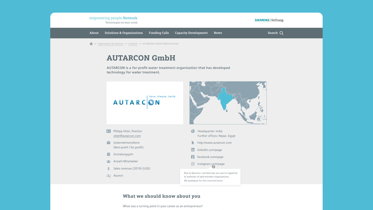 Website-Screenshot der AUTARCON GmbH mit Firmenlogo und einer Weltkarte, die Standorte und Gesch&auml;ftsbereiche des Unternehmens visualisiert. Webdesign in grau-blauer Farbpalette zeigt Unternehmensinformationen und Navigationselemente.