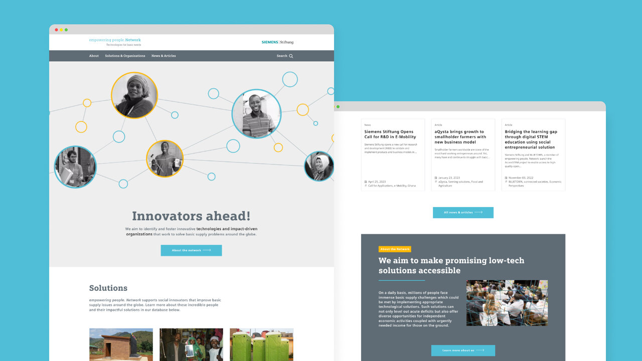 Website-Design mit Netzwerkgrafik zeigt Profile von Innovatoren und Low-Tech-L&ouml;sungen. Benutzerfreundliche Oberfl&auml;che mit Karten, Filtern und inspirierenden Bildern, die soziale Erfindungen und deren Entwickler visuell pr&auml;sentiert.