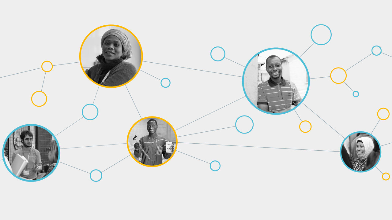 Netzwerkdiagramm mit Portr&auml;tfotos verschiedener Personen, verbunden durch blaue und gelbe Kreise, die Verbindungen und Beziehungen zwischen Individuen in einem sozialen Innovationsnetzwerk visualisieren.