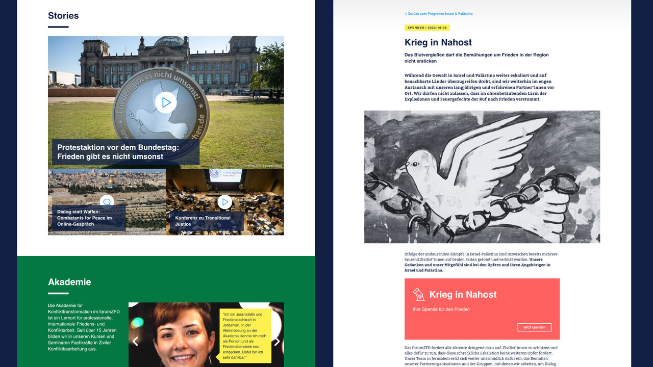 Doppelseitige Webdesign-Layouts f&uuml;r ein Friedensprojekt mit Fotos des Reichstagsgeb&auml;udes, einer Friedenstaube und einem Portr&auml;t einer l&auml;chelnden Person, die verschiedene Abschnitte der Website wie Stories, Akademie und Projektinhalte pr&auml;sentieren.