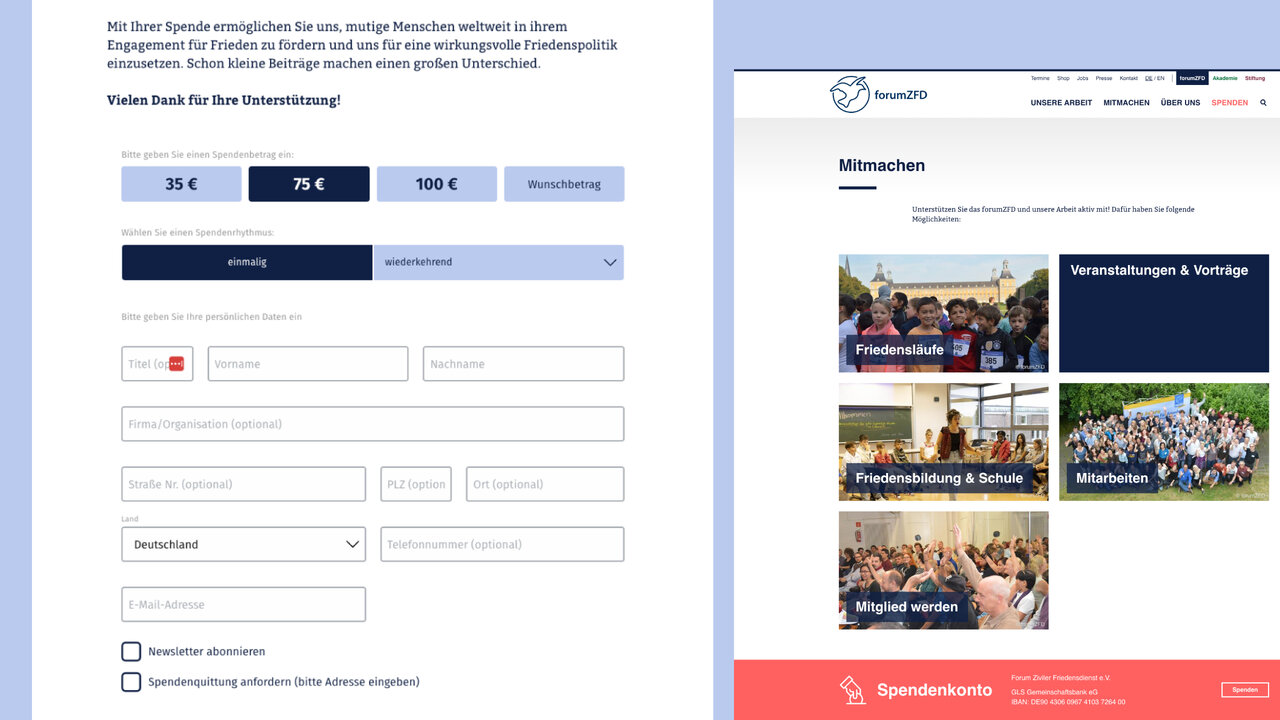 Online-Spendenformular des Forum Ziviler Friedensdienst mit Auswahlm&ouml;glichkeiten f&uuml;r Spendenh&ouml;he und pers&ouml;nlichen Kontaktangaben, daneben ein Raster mit Gruppenfotos von Projektmitarbeitenden in verschiedenen Situationen.