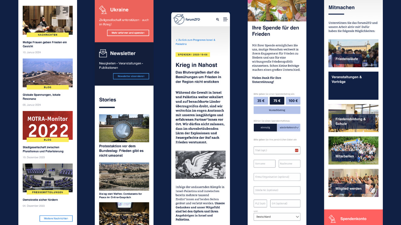 Mehrere Bildschirmansichten der neu gestalteten Website des Forums Ziviler Friedensdienst, die verschiedene Sektionen und Designs in einem responsiven Layout zeigen, mit Fokus auf friedensf&ouml;rdernde Inhalte und zeitgem&auml;&szlig;e Webkommunikation.