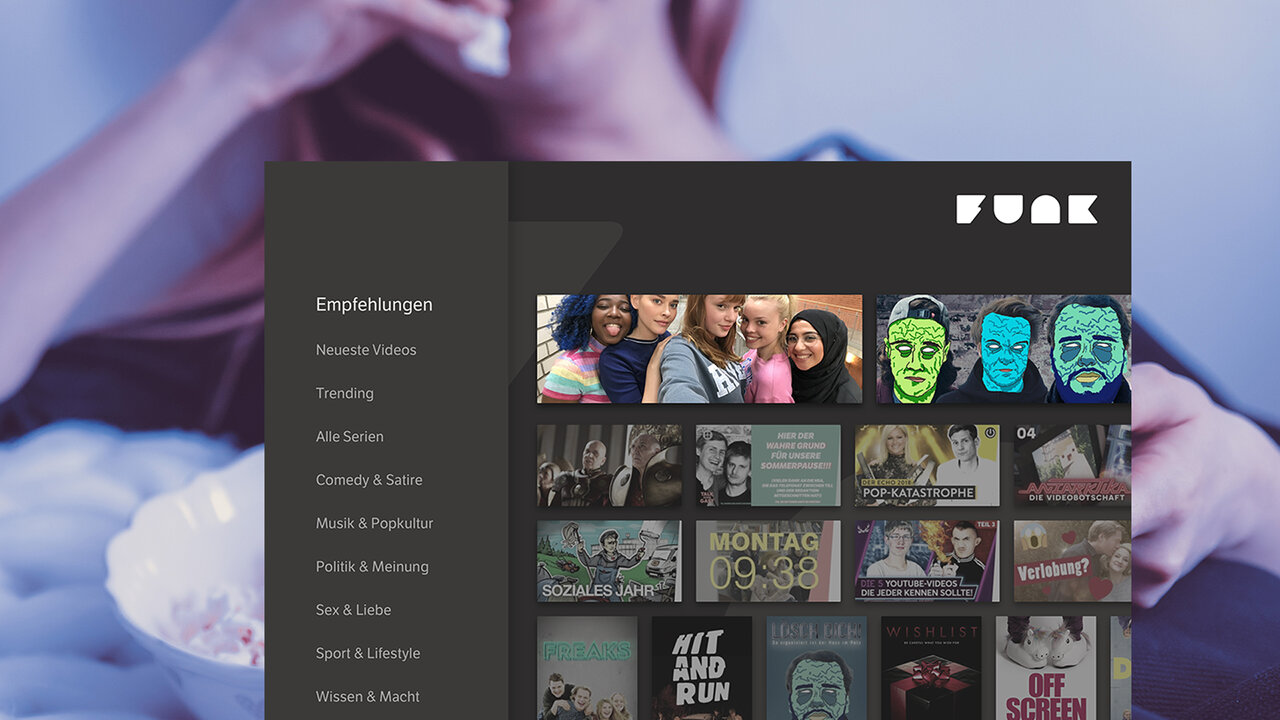 AndroidTV-App-Benutzeroberfl&auml;che von funk mit Seitenmen&uuml; und Videovorschl&auml;gen, die verschiedene Thumbnails und eine moderne, &uuml;bersichtliche Designstruktur zeigen.