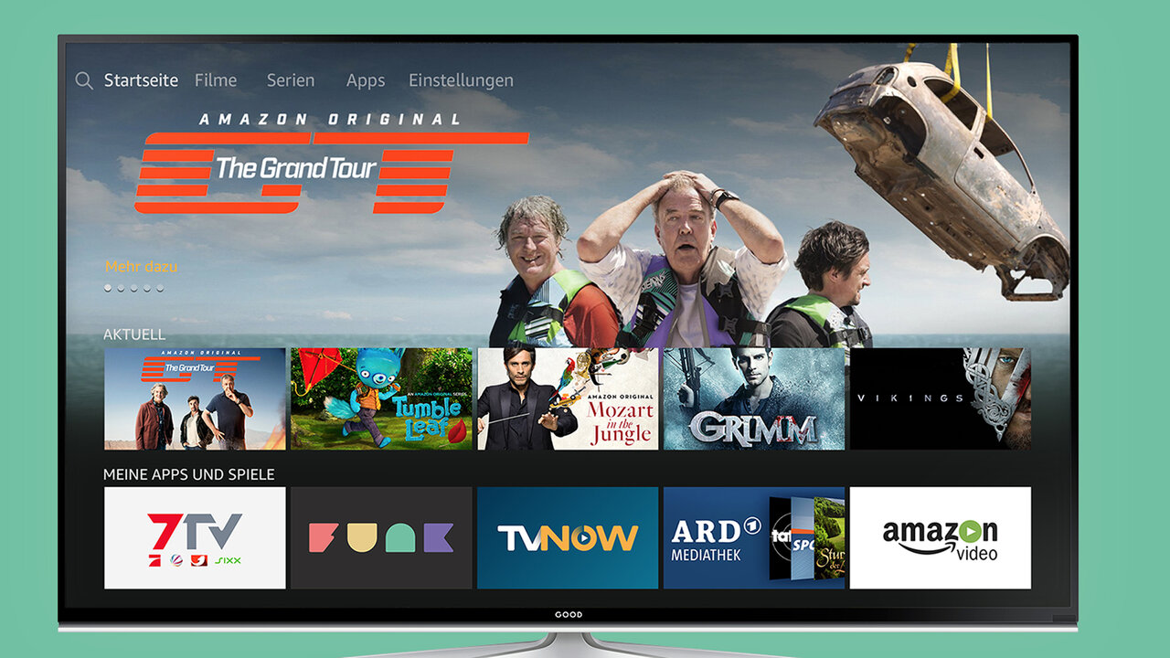 AndroidTV-Benutzeroberfl&auml;che mit Amazon Prime Video ge&ouml;ffnet, die The Grand Tour und verschiedene andere Streaming-Apps wie 7TV, TVNOW und ARD zeigt, auf einem modernen Fernseher mit Men&uuml;s und Vorschaubildern.