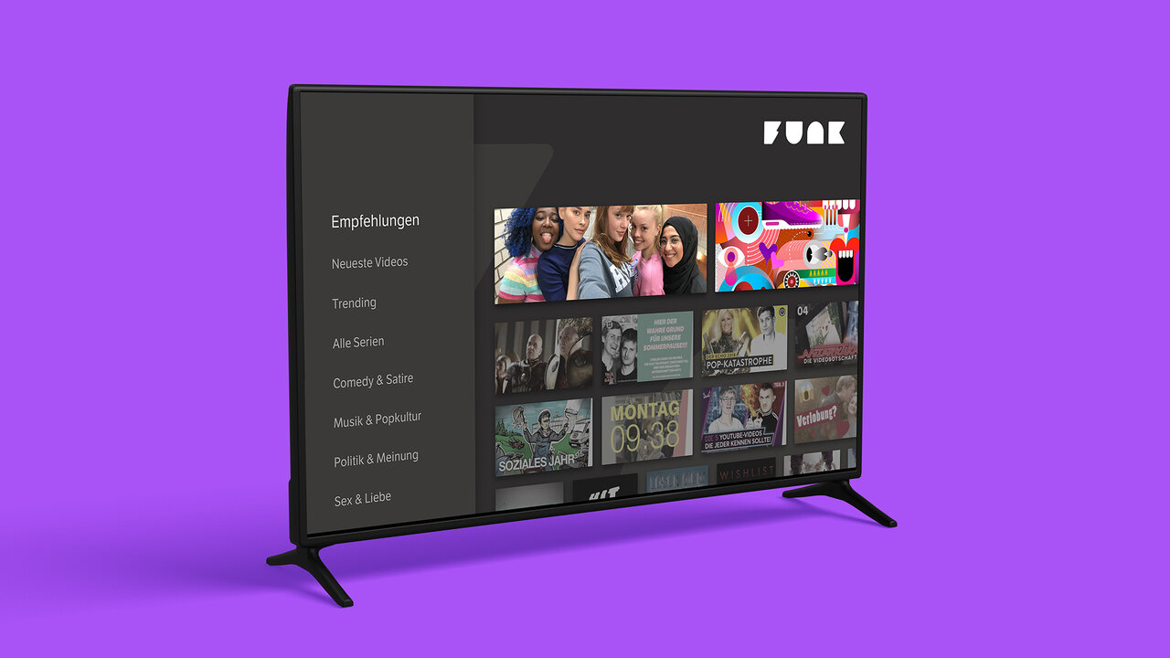 AndroidTV-App-Bildschirm mit einer Benutzeroberfl&auml;che von funk, die verschiedene Videokategorien und Thumbnails in einem &uuml;bersichtlichen Layout auf einem schwarzen Fernseher mit lila Hintergrund zeigt.