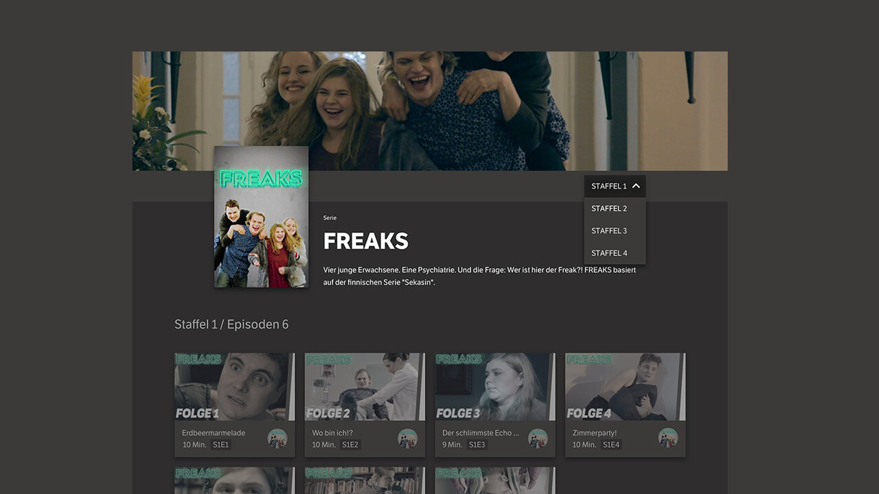 Netflix-Oberfl&auml;che f&uuml;r die Serie "Freaks" mit Serienvorschau und Episodenliste in dunklem Design, zeigt mehrere Staffeln und Episoden der Serie.