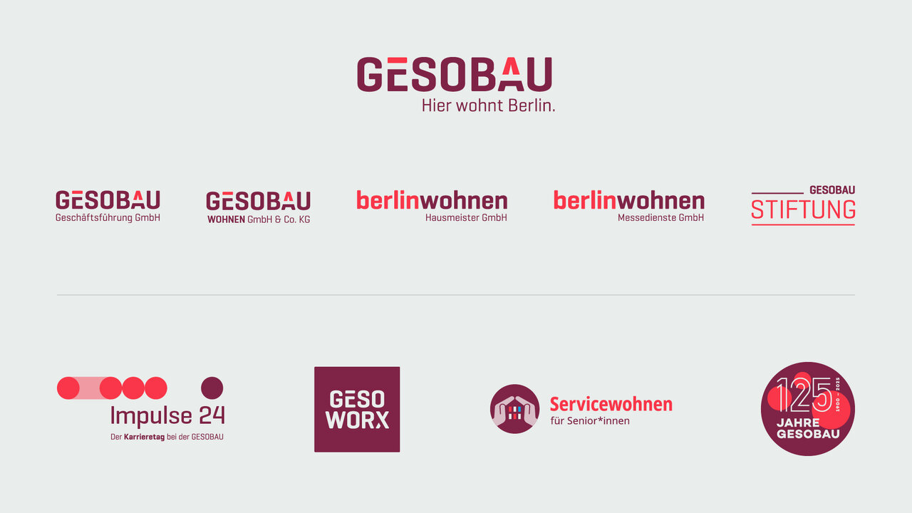 Logos von GESOBAU, Berlin Wohnen und Impulse 23 in verschiedenen Rot- und Weinrott&ouml;nen, die eine Unternehmensidentit&auml;t und Designsystematik f&uuml;r eine Berliner Wohnungsbaugesellschaft repr&auml;sentieren.