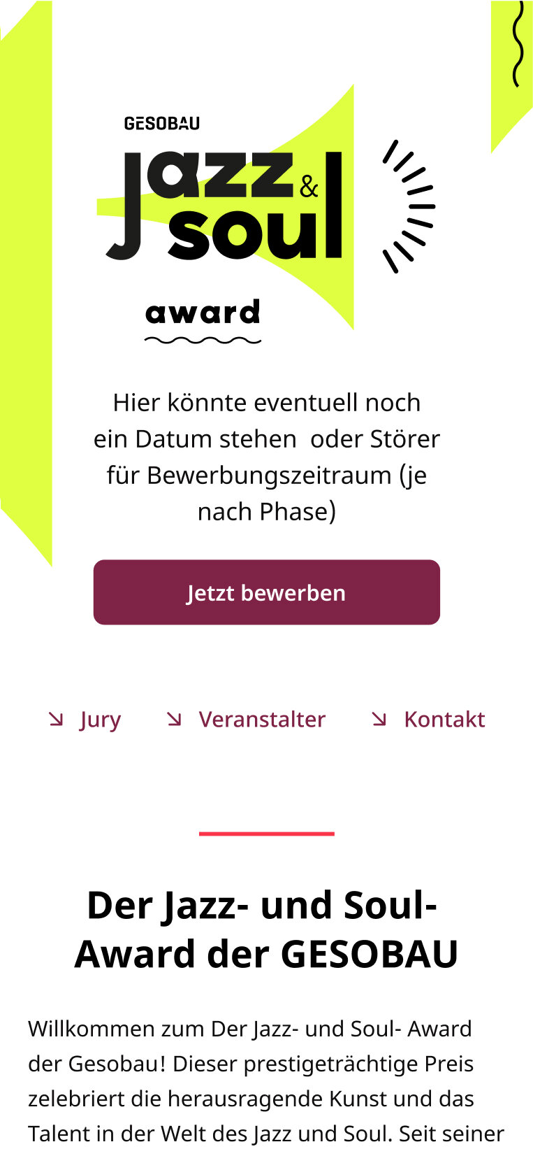 Jazz & Soul Award der GESOBAU mit grafischem Logo in Neongelb und Schwarz. Anmeldebutton und Navigationslinks f&uuml;r Jury, Veranstalter und Kontakt auf minimalistischem, modernem Webdesign.