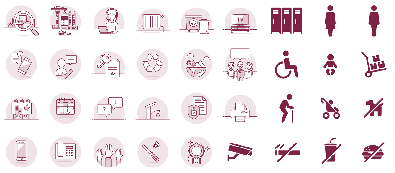 Sammlung von Icons in verschiedenen Kategorien wie Barrierefreiheit, Kommunikation, Transport, Arbeit und Gesundheit, die in einem monochromen Rotton dargestellt sind und unterschiedliche Aspekte der gesellschaftlichen Inklusion und Mobilit&auml;t symbolisieren.