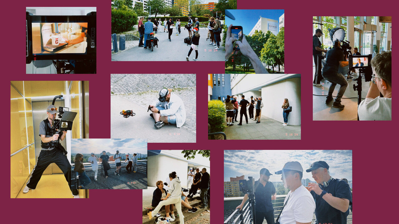 Collage von Fotos einer Filmproduktion oder eines kreativen Projekts, die verschiedene Szenen von Filmemachern, Kameraleuten und Crewmitgliedern an unterschiedlichen Drehorten und Arbeitssituationen zeigen, mit dynamischen Aufnahmen von Personen bei der Arbeit in Berlin.