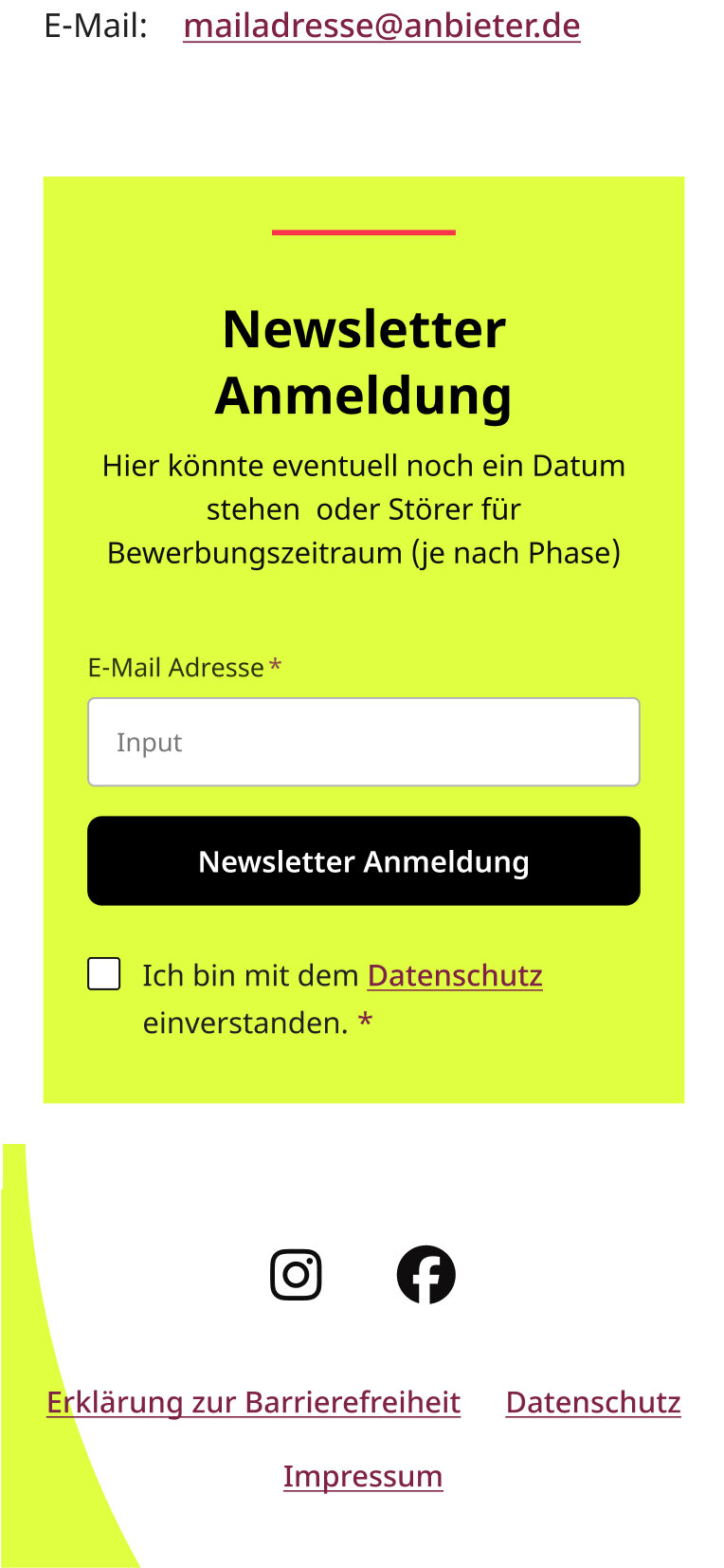Newsletter-Anmeldeformular mit hellgr&uuml;nem Hintergrund. Eingabefeld f&uuml;r E-Mail-Adresse, Checkbox f&uuml;r Datenschutzzustimmung und Anmeldebutton, erg&auml;nzt durch Social-Media-Icons und Navigationselementen.