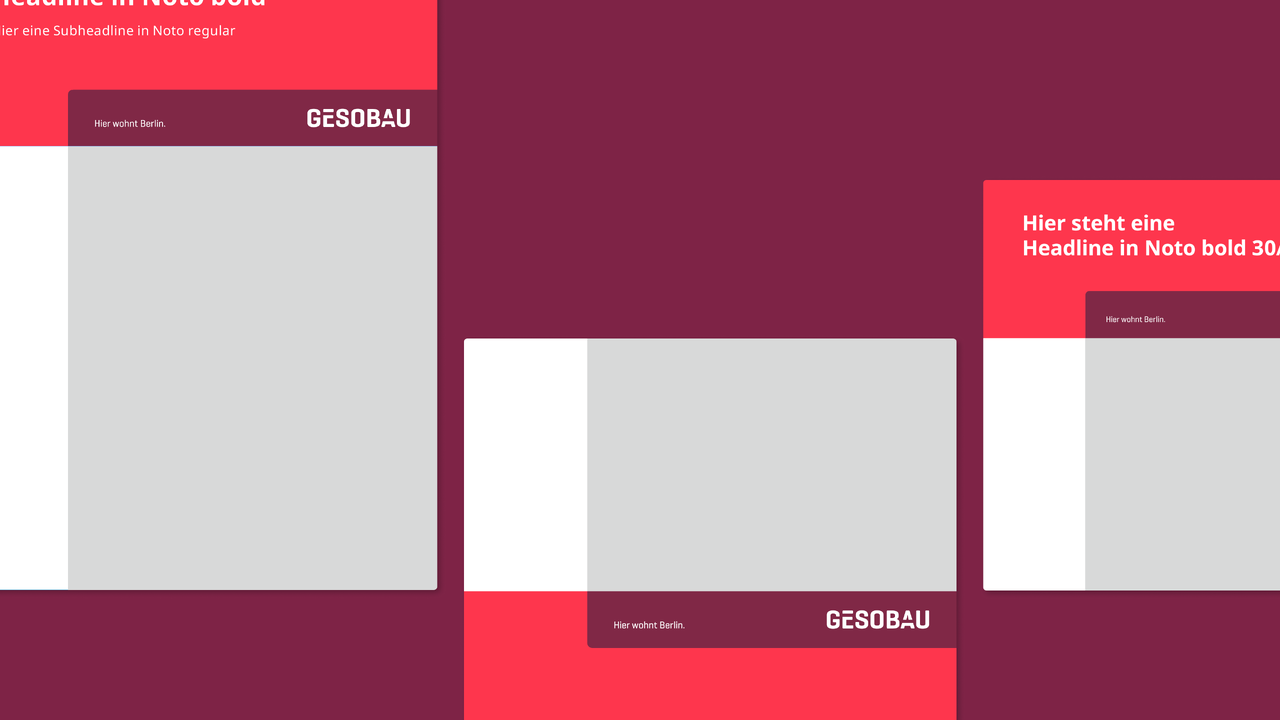 Grafisches Gestaltungsraster f&uuml;r GESOBAU mit einem Layout aus grauen Fl&auml;chen und Bereichen in Rot und Bordeaux, das eine klare, strukturierte Gestaltung f&uuml;r die Wohnungsbaugesellschaft zeigt.