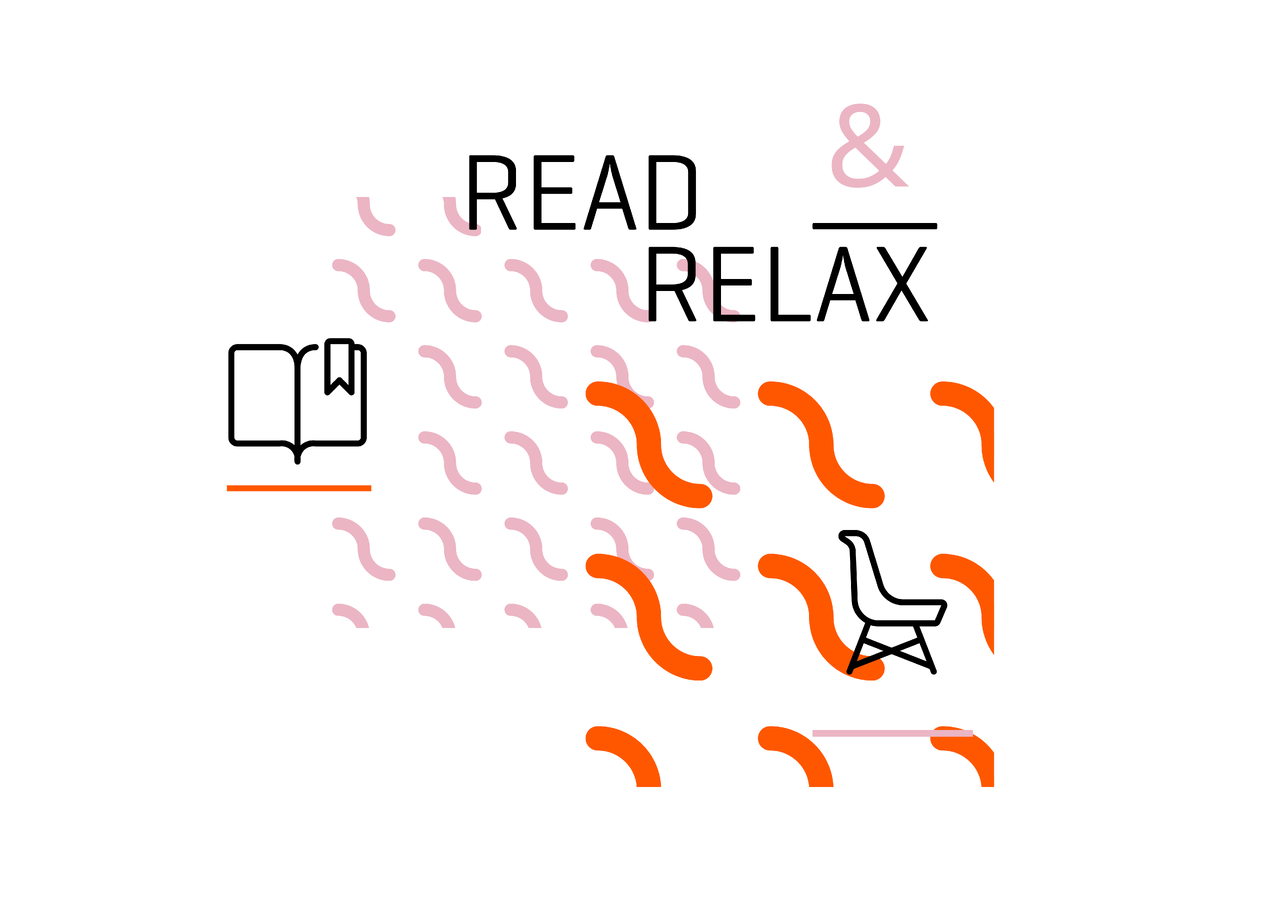 Grafische Darstellung des Konzepts "Read & Relax" mit einem Buch-Symbol, geschwungenen rosa und orangen Linien sowie einem Sesselsymbol, die Entspannung und Lesegenuss symbolisieren.