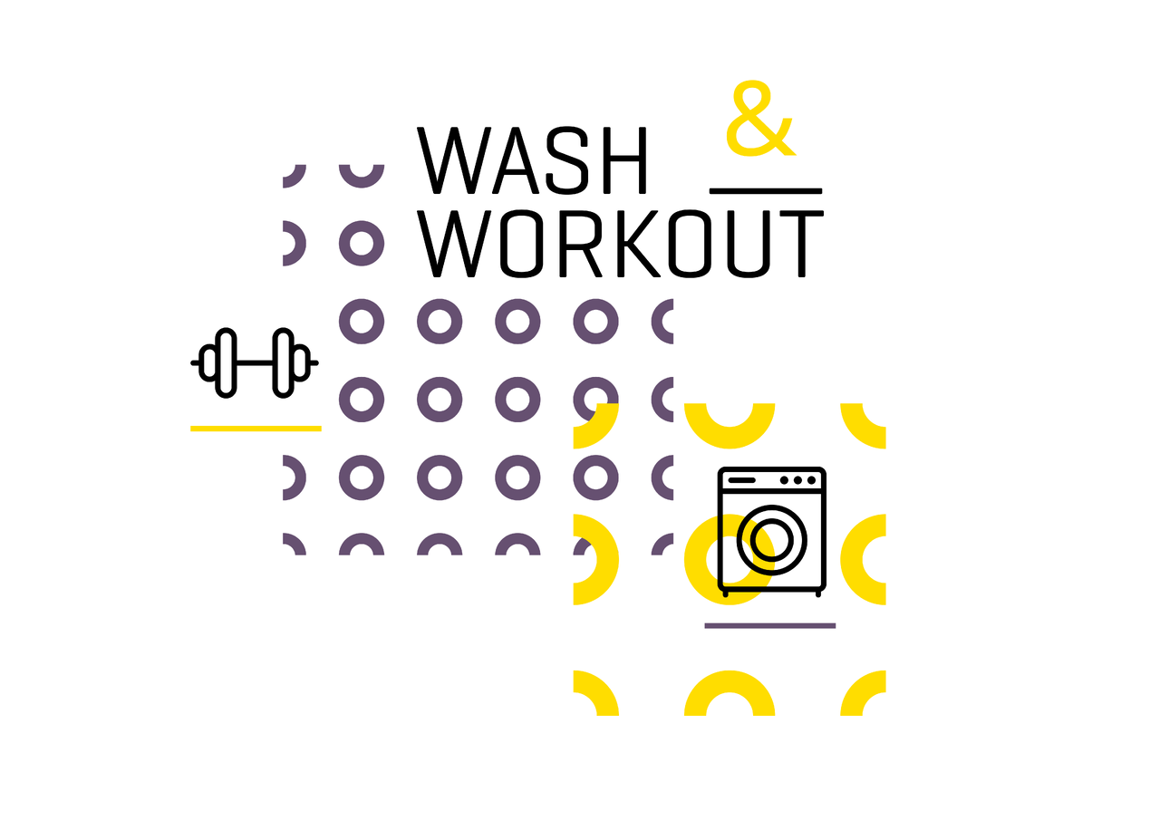 Logo f&uuml;r Wash & Workout mit Hantel und Waschmaschine in gelb und grau, umgeben von minimalistischen kreisf&ouml;rmigen Elementen auf wei&szlig;em Hintergrund.