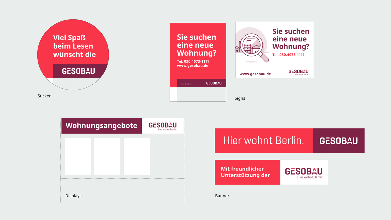 Verschiedene rote und wei&szlig;e Designelemente und Werbematerialien der GESOBAU mit Texten wie "Viel Spa&szlig; beim Lesen" und "Sie suchen eine neue Wohnung?" - Kommunikationsdesign in schlichten, klaren Layouts.