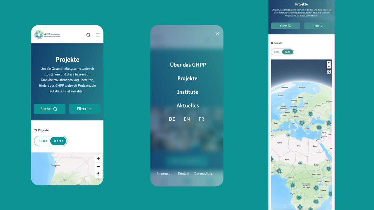 Drei Mobile-Ansichten einer Website-App f&uuml;r das Global Health Protection Programme (GHPP), die Projektseiten, Navigationsmen&uuml;s und eine Landkarte mit gr&uuml;n-blauen Designelementen zeigen.