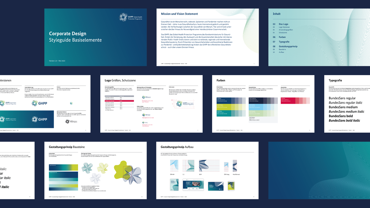 Designmanual und Branding-Dokumente f&uuml;r das Global Health Protection Programme, zeigt verschiedene Layouts, Farbpaletten, Typografie und Gestaltungselemente der Corporate Design Entwicklung f&uuml;r das Bundesministerium f&uuml;r Gesundheit.