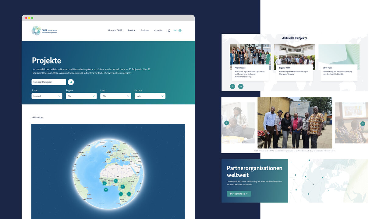 Webdesign-Screenshot des Global Health Protection Programme mit einer Weltkarte, die verschiedene Standorte und Projekte grafisch hervorhebt, eingebettet in ein blaues Webseiten-Layout mit Navigationsmen&uuml; und Projekt&uuml;bersicht.