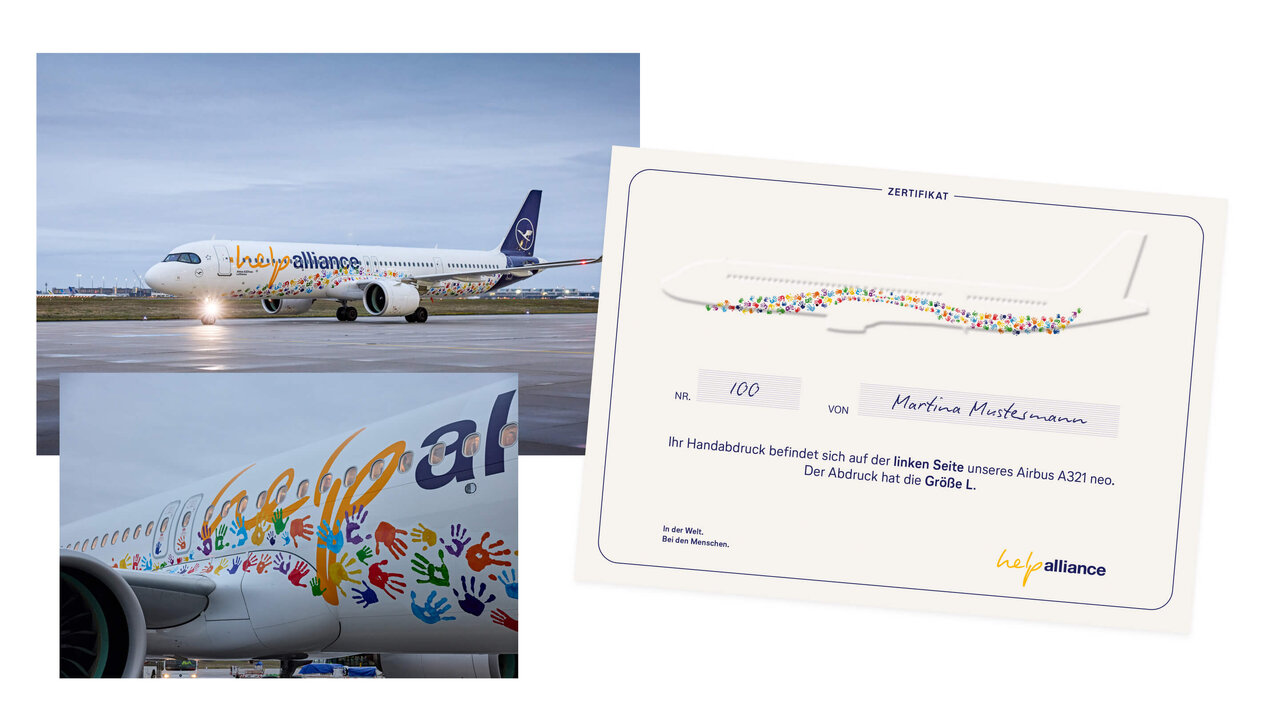 Ein bunter Airbus A350 der Fluggesellschaft Alliance mit fr&ouml;hlich gestalteter Flugzeugau&szlig;enhaut auf dem Rollfeld, daneben eine stilisierte Bordkarte mit Flugdetails in minimalistischem Design.
