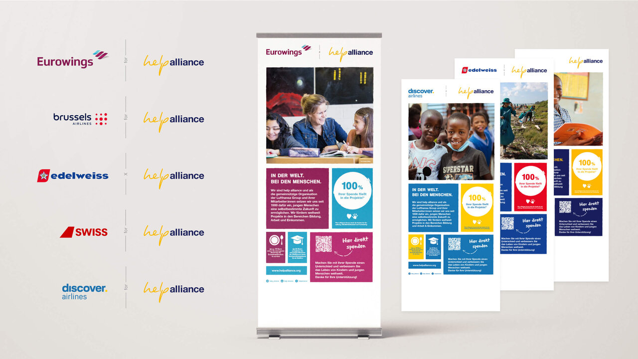Mehrere Projektposter und Rollup-Banner f&uuml;r Eurowings und andere Airline-Allianzmarken, die verschiedene Kommunikationsdesigns in lebendigen Farben und Layouts pr&auml;sentieren, mit Fotografien von Menschen und Infografiken.