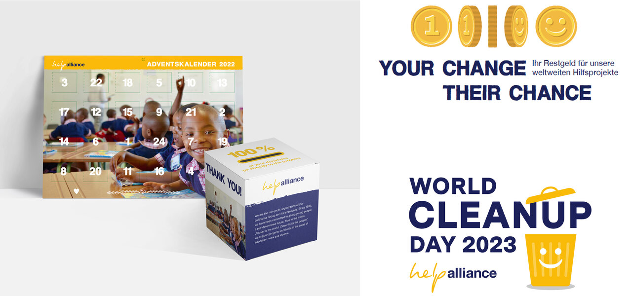 Sammlung von Flyern und Materialien f&uuml;r den World Cleanup Day 2023 der Let's Cleanup Alliance, mit einem gelben Hintergrund und dem Slogan "Your Change - Their Chance".