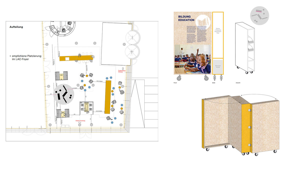 Grundrissplan eines Raums mit flexiblen M&ouml;belelementen und mobilen Schr&auml;nken in Gelb und Beige, die modulare Raumgestaltung und Beweglichkeit zeigen. Verschiedene Ansichten und Perspektiven der M&ouml;belst&uuml;cke verdeutlichen deren Funktionalit&auml;t und Design.