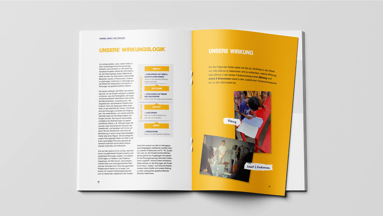 Ein aufgeschlagenes Magazin mit einem Kapitel &uuml;ber Unternehmensarbeit, wobei die linke Seite Text und Seitenelemente in Wei&szlig; und Grau zeigt und die rechte Seite eine gelbe Hintergrundseite mit zwei &uuml;bereinander liegenden Fotografien pr&auml;sentiert.