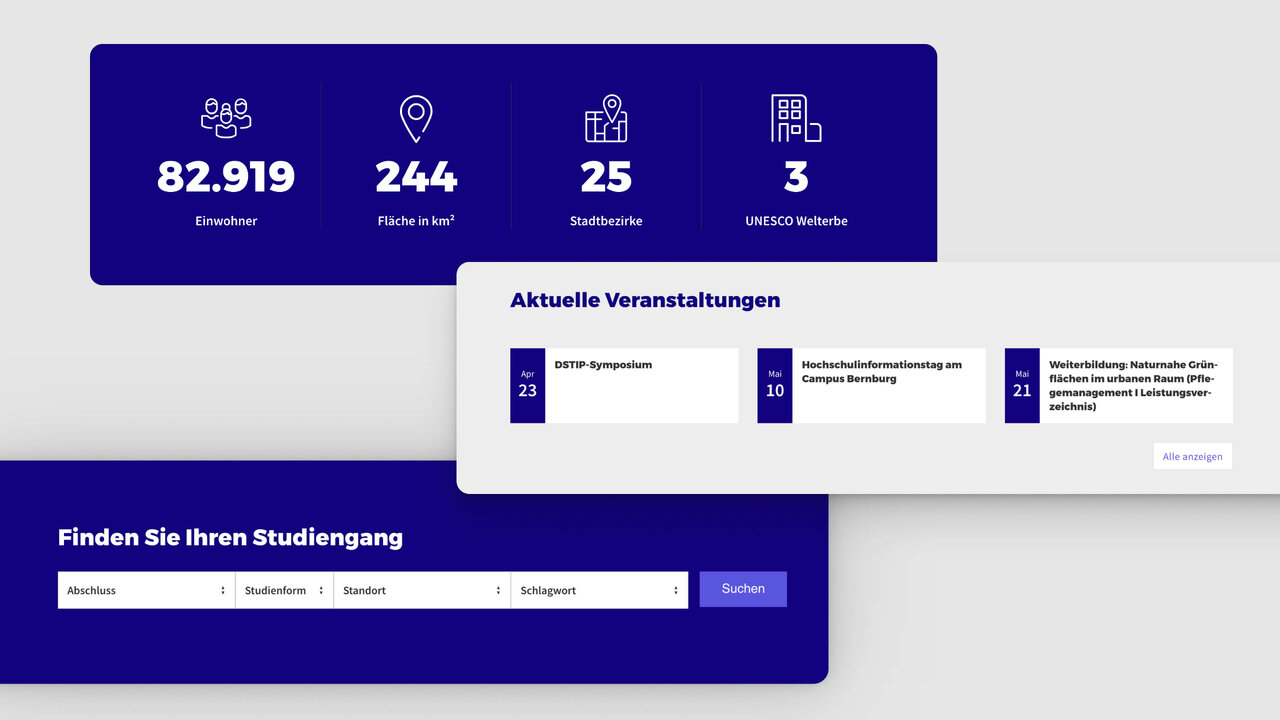 Webplattform-Dashboard der Hochschule Anhalt mit Statistiken zu Studierenden, Standorten und Veranstaltungen. Suchleiste und aktuelle Veranstaltungen in blau-wei&szlig;em Design zeigen &uuml;bersichtliche Navigationselemente.