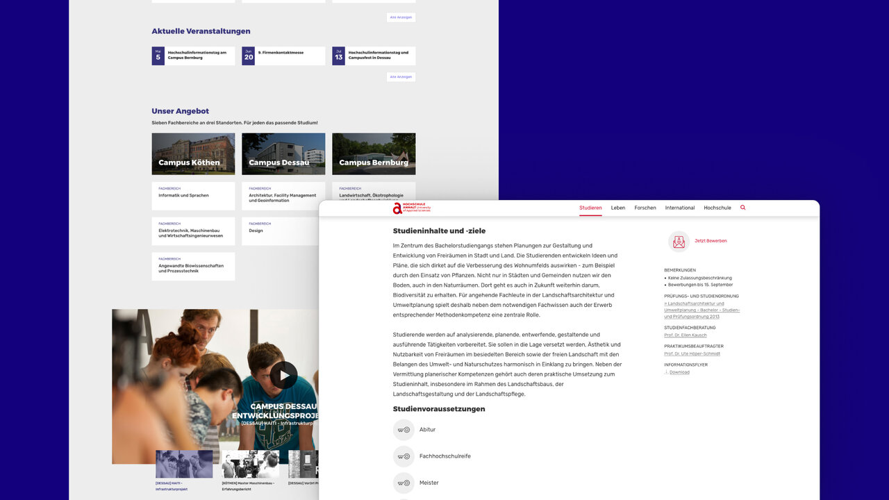 Mehrere Screenshots der Webdesign-Plattform f&uuml;r die Hochschule Anhalt, die Webseiten und Layouts in blau-wei&szlig;er Farbgestaltung zeigen. Benutzeroberfl&auml;chen mit Modulen f&uuml;r verschiedene Standorte und Studienbereiche, pr&auml;sentiert auf einem grauen Hintergrund mit zus&auml;tzlichen Bildausschnitten.