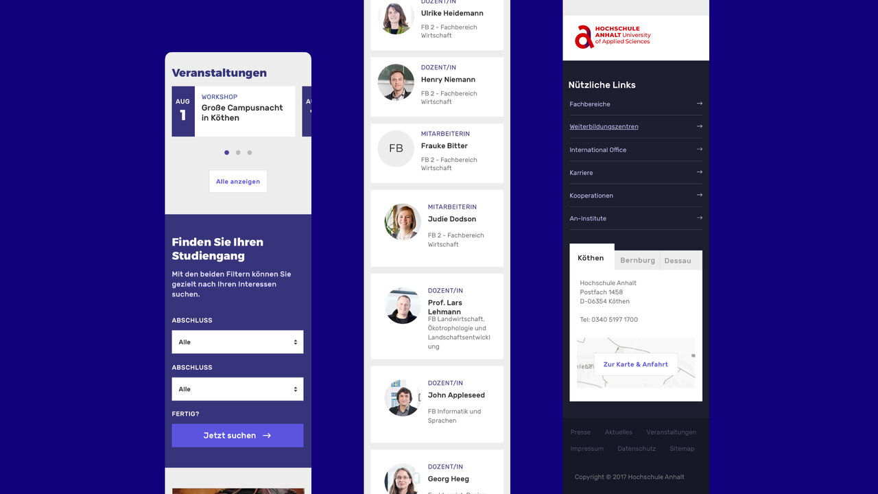 Responsive Webdesign-Screens f&uuml;r eine Hochschul-Webplattform mit blau-wei&szlig;er Farbpalette, zeigt Benutzeroberfl&auml;che f&uuml;r Veranstaltungen, Studiengangsauswahl und Profilansichten in einem modularen, &uuml;bersichtlichen Layout.