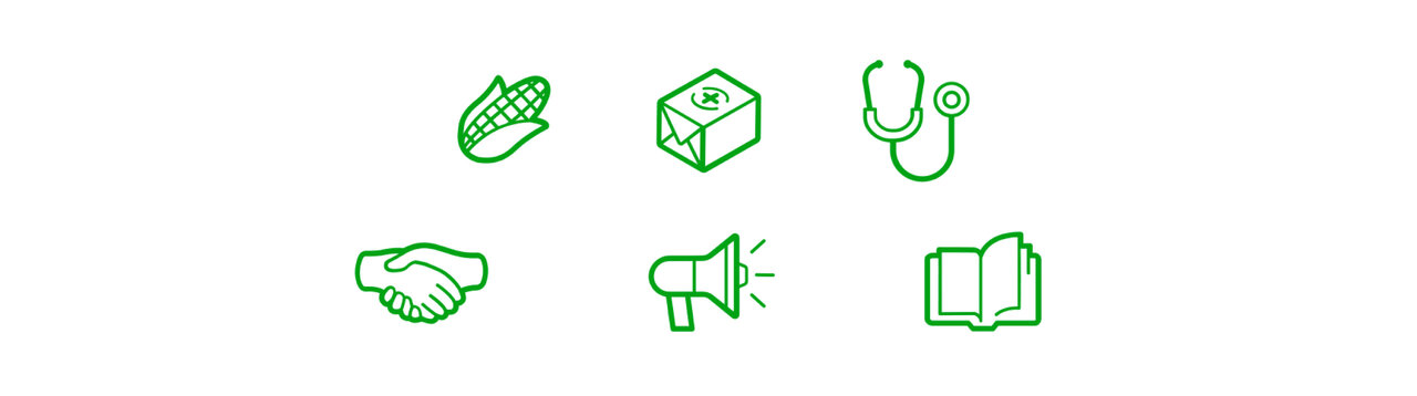 Sechs gr&uuml;ne Outline-Icons repr&auml;sentieren verschiedene Aspekte einer sozialen Organisation: Mais, W&uuml;rfel, Stethoskop, H&auml;ndedruck, Megafon und ein offenes Buch.