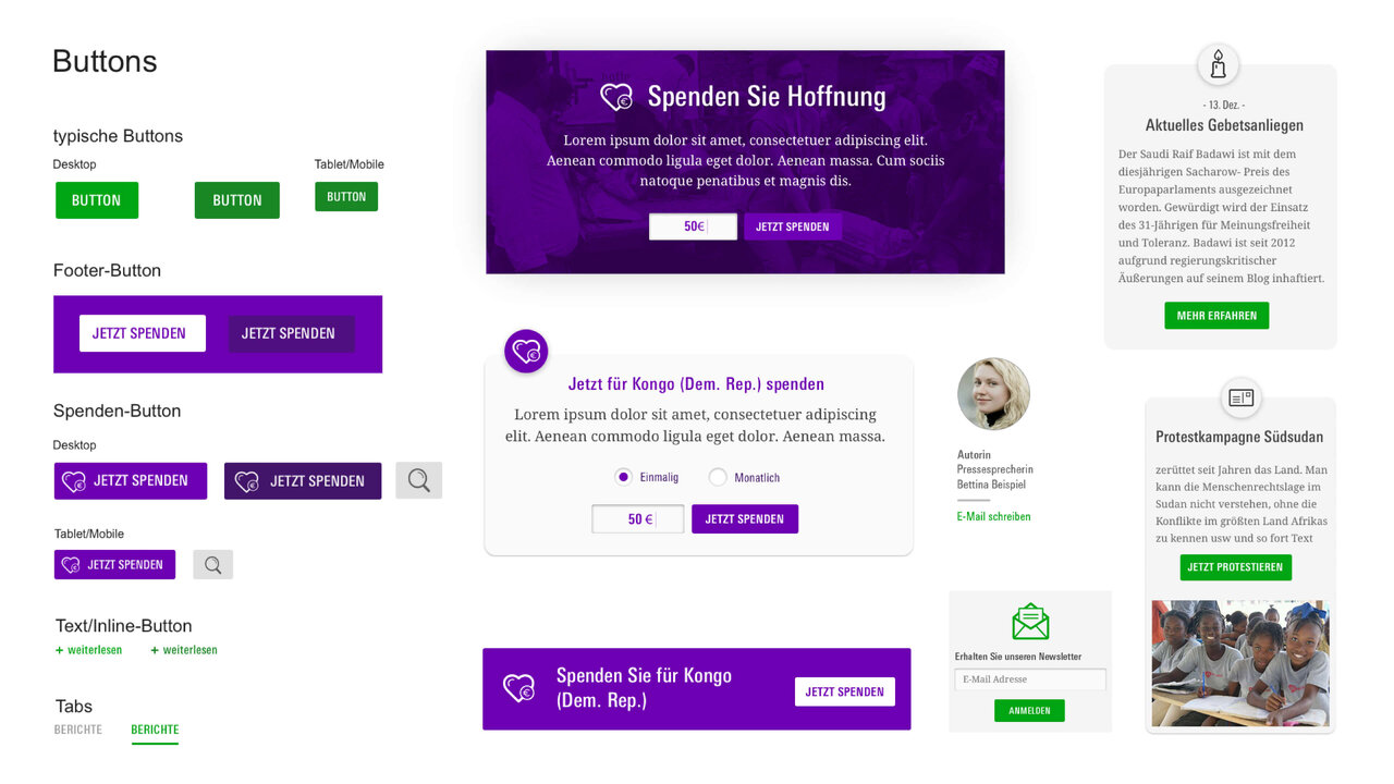 UI-Design f&uuml;r Spendenbuttons in verschiedenen Varianten und Farben, pr&auml;sentiert in einem &uuml;bersichtlichen Raster mit lila und gr&uuml;nen Designelementen, die eine klare und einladende Benutzeroberfl&auml;che f&uuml;r Spendenaktionen von Hoffnungszeichen | Sign of Hope zeigen.