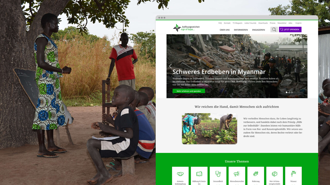 Outdoor-Szenerie mit zwei Personen und einigen Kindern vor einem Baum, daneben ein Screenshot der neu gestalteten Website von Hoffnungszeichen | Sign of Hope mit gr&uuml;nem Farbakzent und Projektbildern.