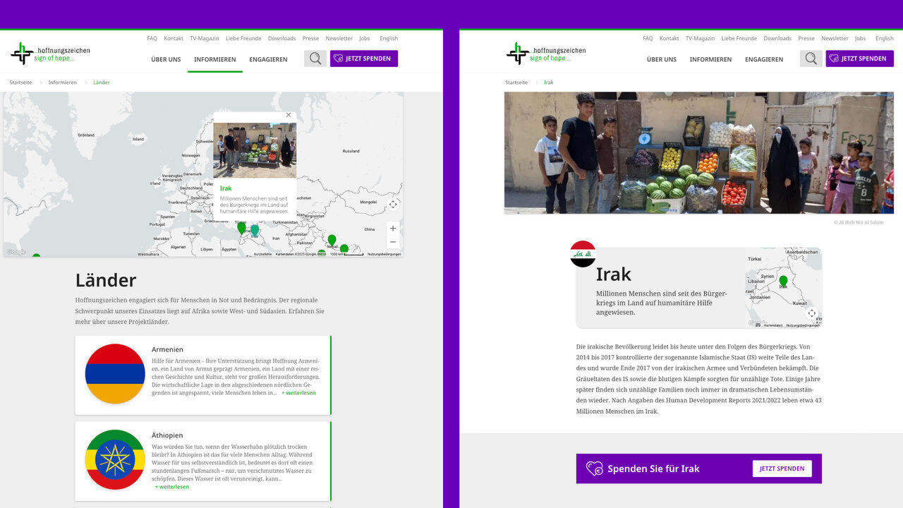 Vergleichende Darstellung der L&auml;nderseiten Armenien und Irak auf der neu gestalteten Website von Hoffnungszeichen, mit Karte, L&auml;nderflaggen und Projektfotos, die humanit&auml;re Hilfe und Entwicklungszusammenarbeit visualisieren.
