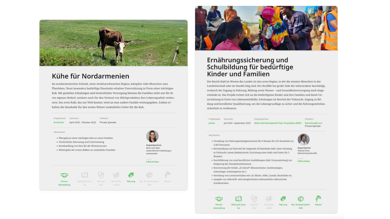 Zwei Projektseiten von Hoffnungszeichen | Sign of Hope mit Fotos von einer Kuh auf einer Weide und einer Gruppe von Menschen sowie Websitedesign-Layouts in strukturierter, reduzierter Gestaltung.