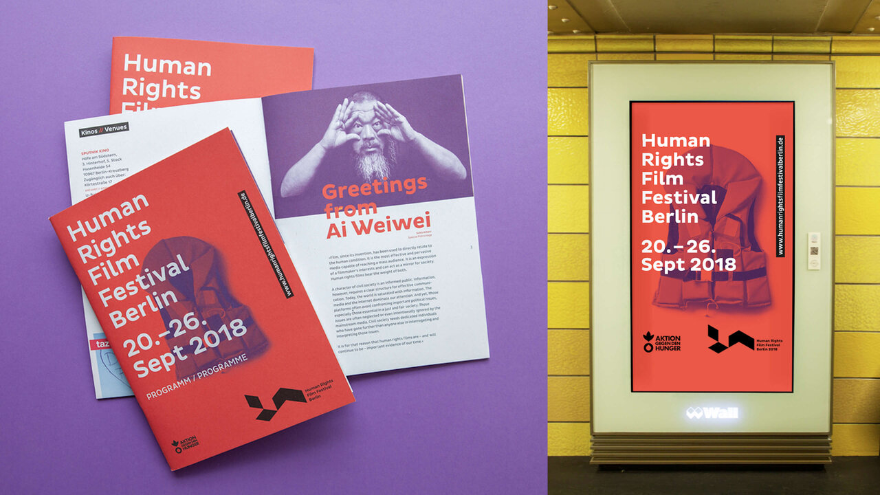 Human Rights Film Festival Berlin Design-Materialien in Rot und Lila, bestehend aus Programmheft, Plakat und Plakatwerbung mit Festival-Branding und Datumsangabe September 2018.