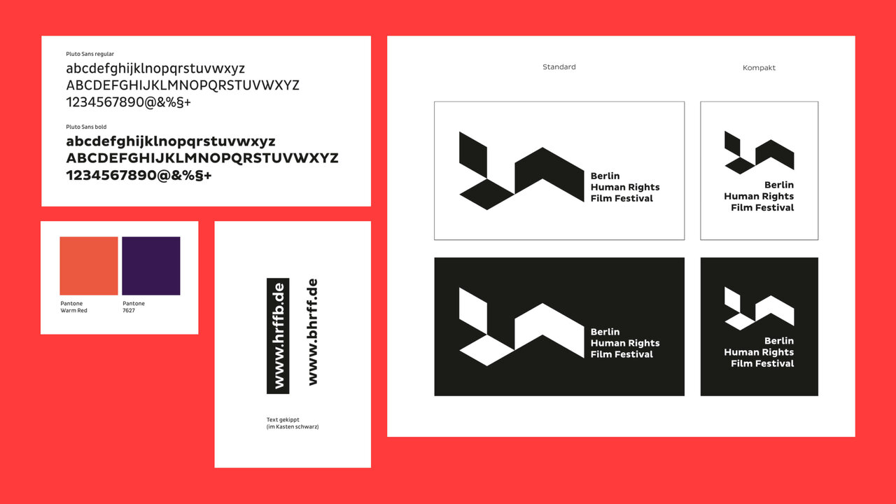 Corporate Design-Dokumente f&uuml;r das Berlin Human Rights Film Festival mit Farbpalette, Typografie, Logo-Varianten und Anwendungsbeispielen in Schwarz-Wei&szlig; und Rot. Klare, geometrische Gestaltung mit abstrahiertem Logo-Symbol, das m&ouml;glicherweise ein stilisiertes Filmband oder eine menschliche Figur darstellt.