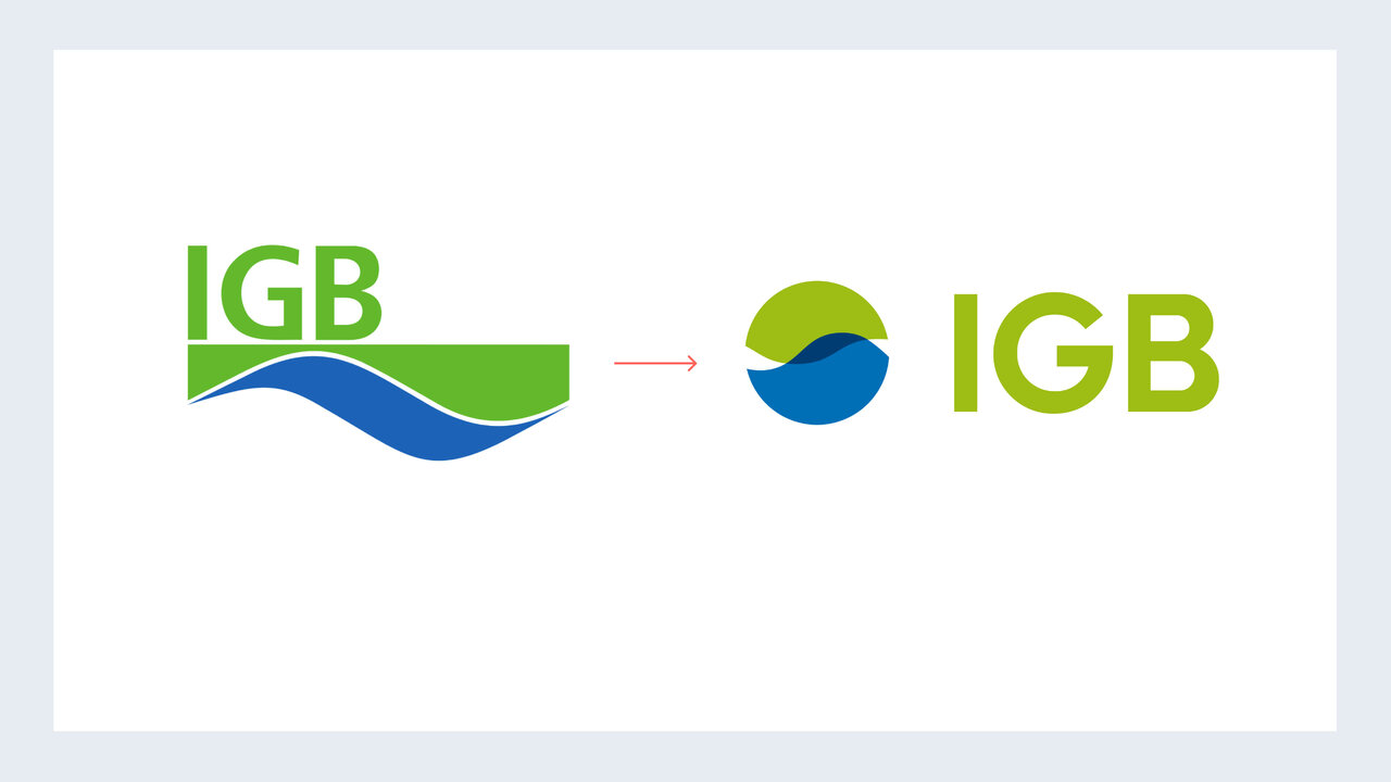 Logo-Entwicklung f&uuml;r das Leibniz-Institut f&uuml;r Gew&auml;sser&ouml;kologie und Binnenfischerei (IGB): Vergleich des alten Logos mit einem neuen, moderneren Design - von einer flachen, wellenf&ouml;rmigen Darstellung zu einem kreisf&ouml;rmigen, dynamischen Symbol in Blau und Gr&uuml;n.