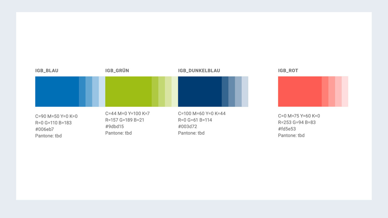 Vier Farbpaletten mit Blau-, Gr&uuml;n-, Dunkelblau- und Rot-T&ouml;nen, die verschiedene Nuancen und Abstufungen der jeweiligen Grundfarbe zeigen, pr&auml;sentiert im Corporate Design Format.