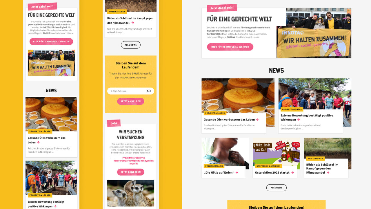 Responsives Webdesign f&uuml;r INKOTA-Netzwerk mit zwei Layoutvarianten, die klare Strukturen und Nachrichtenbl&ouml;cke mit Fotos von Kampagnen und Projekten in Gelb, Rosa und Wei&szlig; zeigen.