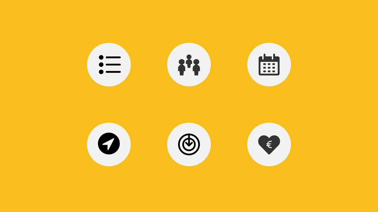 Sechs Symbole auf gelbem Hintergrund: Men&uuml;liste, Personengruppe, Kalender, Kompassnadel, Zielsymbol und Herz - repr&auml;sentieren Funktionen und Navigationselemente einer Website.