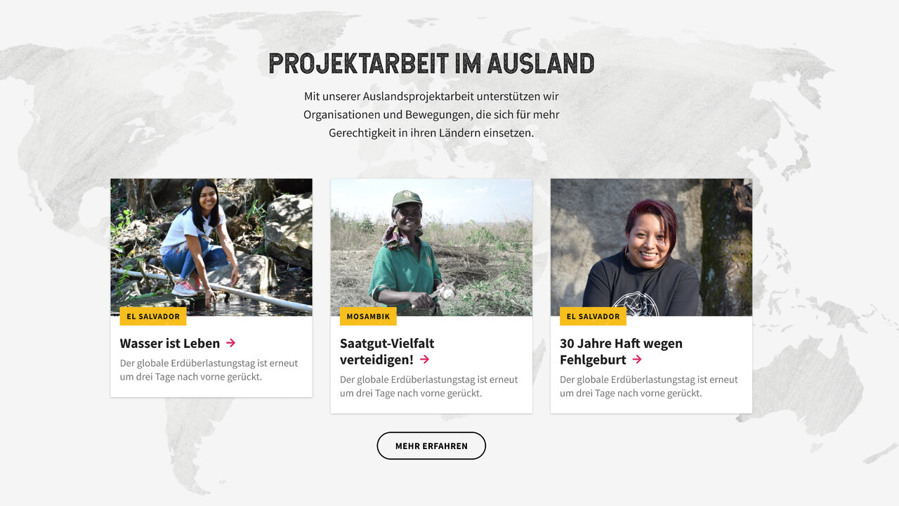 Drei Portr&auml;ts von Menschen in verschiedenen Umgebungen: eine Person bei Wasserarbeiten, eine Person in einer l&auml;ndlichen Szene und eine Person mit einem warmen L&auml;cheln, die globale Projektarbeit im Ausland repr&auml;sentieren.