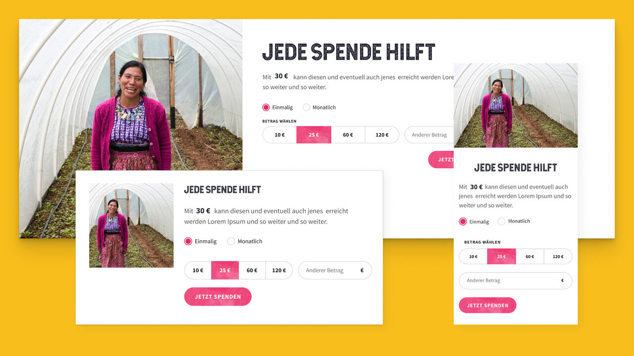Mehrere responsive Webdesign-Layouts f&uuml;r eine Spendenplattform mit einem Foto einer Frau in traditioneller bunter Kleidung vor einem Gew&auml;chshaus oder Tunnelzelt, die verschiedene Bildschirmgr&ouml;&szlig;en und -formate zeigen.