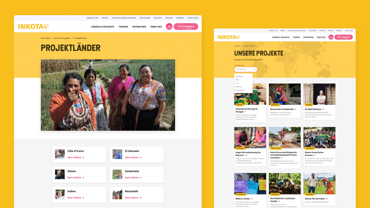 Website-Design f&uuml;r INKOTA-Netzwerk mit zwei Seiten in Gelb und Wei&szlig;, zeigt Projekt&uuml;bersicht mit Gruppenfoto von Menschen in traditioneller Kleidung und Screenshot einer responsiven Webseite mit Projektkacheln.