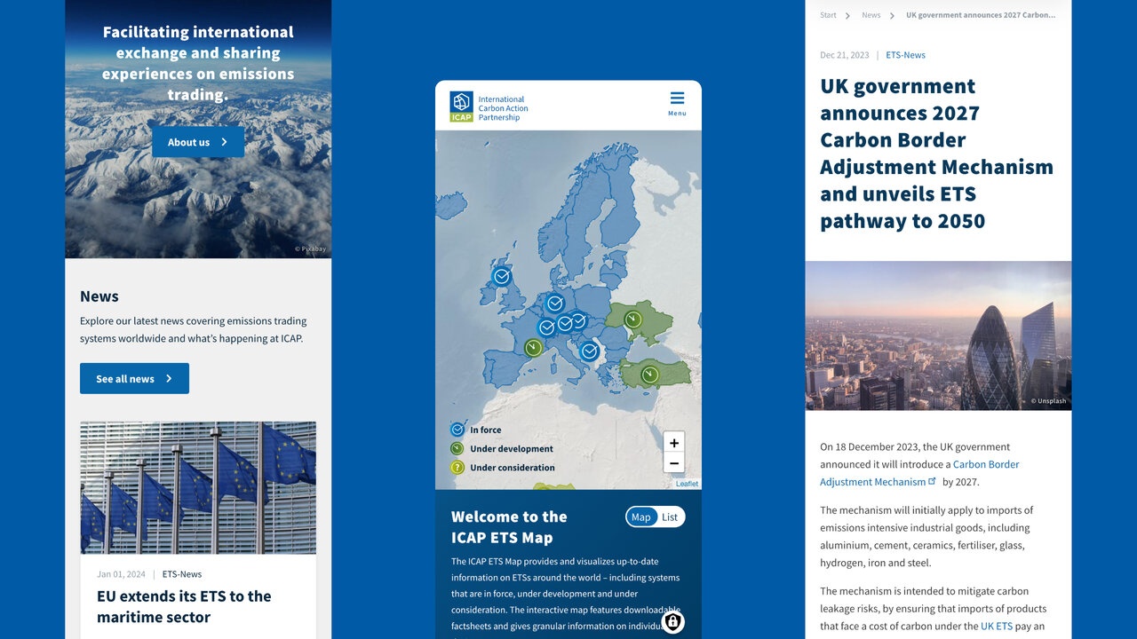 Drei Bildschirmansichten der ICAP-Website mit Inhalten zu Emissionshandelssystemen, einer interaktiven Europakarte und Nachrichten zum Carbon Border Adjustment Mechanism.