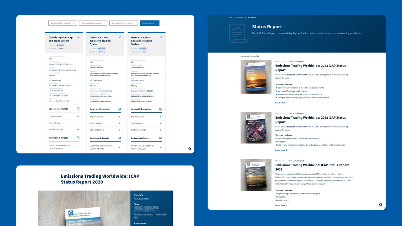 Mehrere Screenshots des neu gestalteten Webdesigns f&uuml;r ICAP (International Carbon Action Partnership), zeigen eine blaue Benutzeroberfl&auml;che mit Statusberichten, Dokumenten und responsivem Layout.