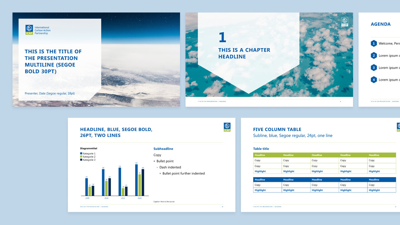 Pr&auml;sentationsvorlagen f&uuml;r ICAP-Projekt-Webdesign mit mehreren Layouts, die ein modernes Corporate Design mit blauen und t&uuml;rkisfarbenen Farbakzenten und Grafiken zeigen, darunter Diagramme und Seitenvorlagen.